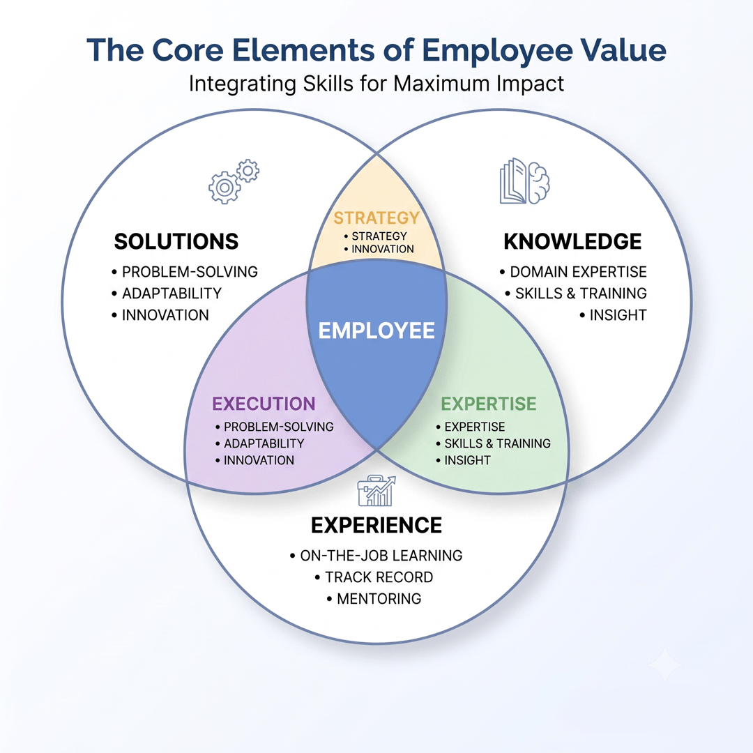 The Core Elements of Employee Value Venn Diagram - Solutions, Knowledge, Experience, Strategy, Execution, and Expertise intersecting at Employee Value