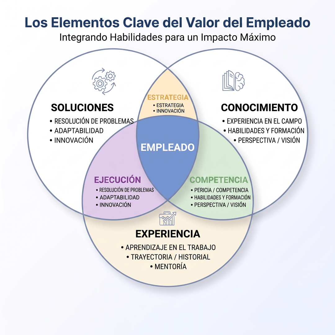 The Core Elements of Employee Value Venn Diagram - Solutions, Knowledge, Experience, Strategy, Execution, and Expertise intersecting at Employee Value